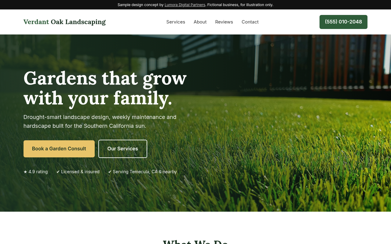 Sample homepage design for fictional business Verdant Oak Landscaping