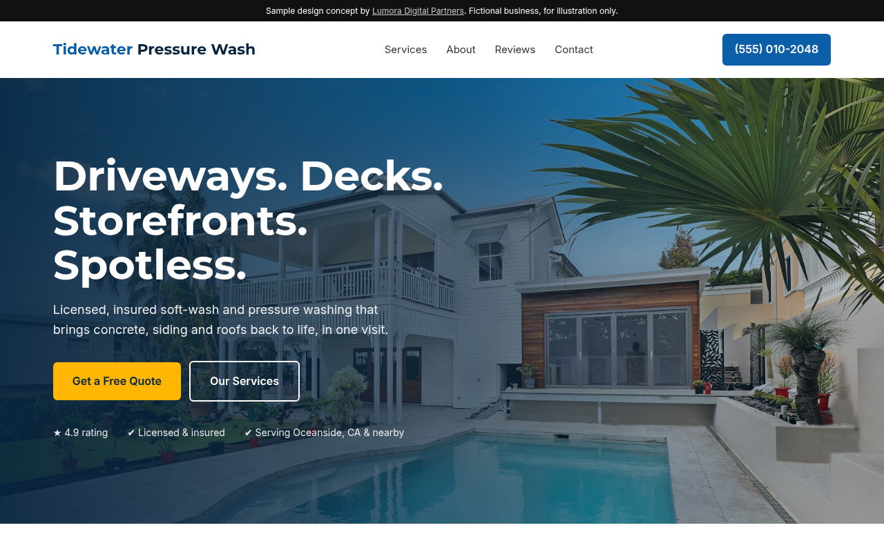 Sample homepage design for fictional business Tidewater Pressure Wash
